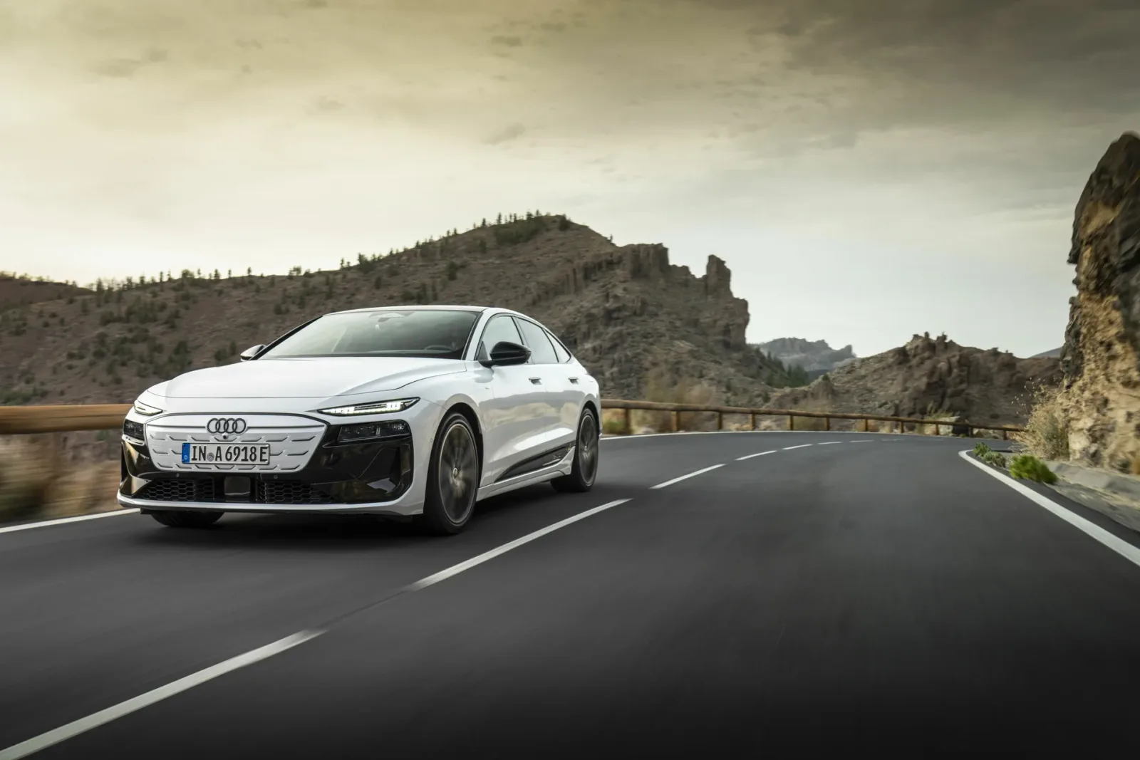 White Audi A6 Sportback e-tron, front three-quarter view.